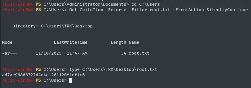 root.txt localizada en C:\Users\TRX\Desktop y leída como Administrator