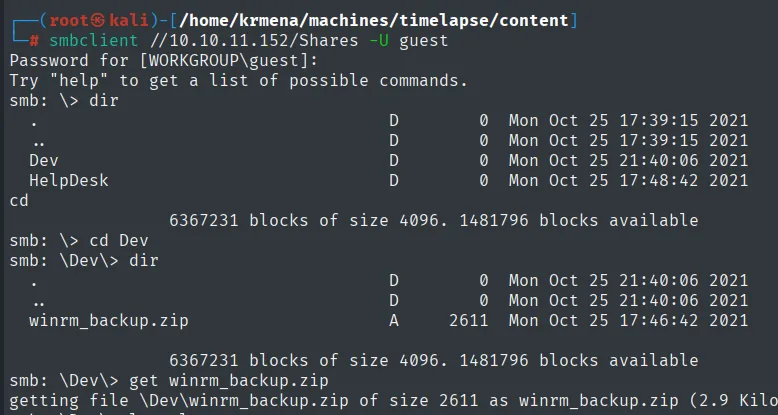 smbclient: la carpeta Dev contiene winrm_backup.zip, que descargamos