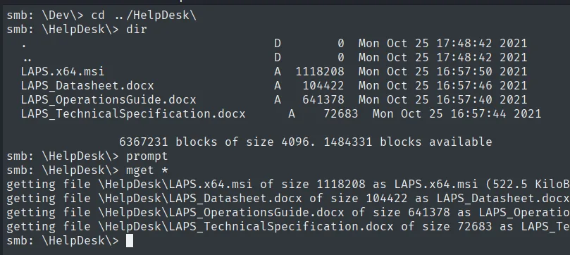 smbclient: la carpeta HelpDesk contiene los instaladores y la documentación de LAPS