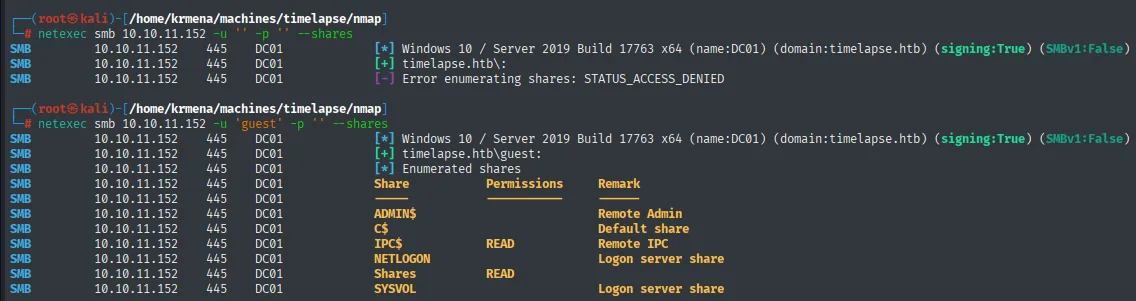 netexec con guest lista los recursos: aparece un share no estándar llamado Shares con permiso de lectura