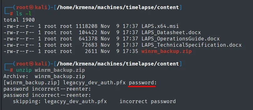 unzip winrm_backup.zip pide contraseña y falla con incorrect password sobre legacyy_dev_auth.pfx