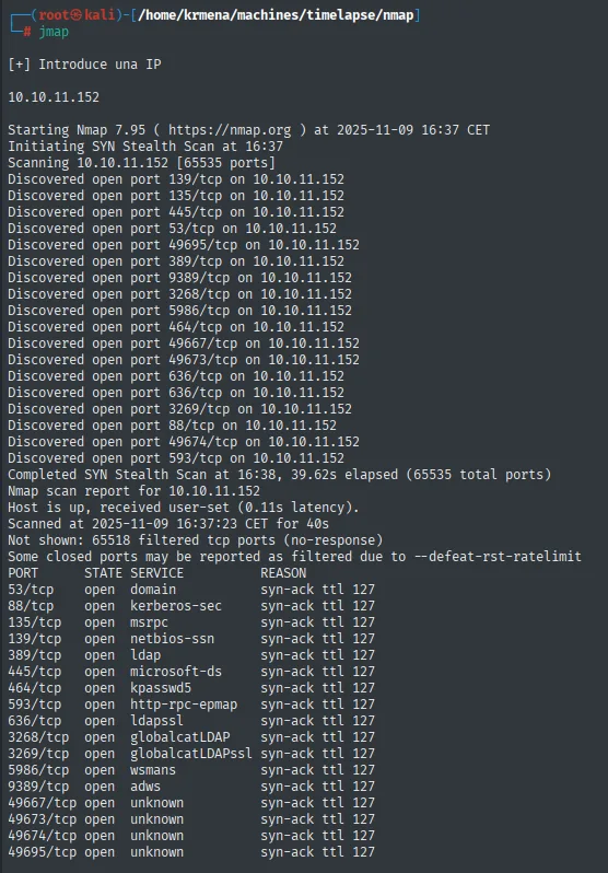 jmap escanea los 65535 puertos de 10.10.11.152 y descubre diecisiete abiertos, todos con syn-ack ttl 127