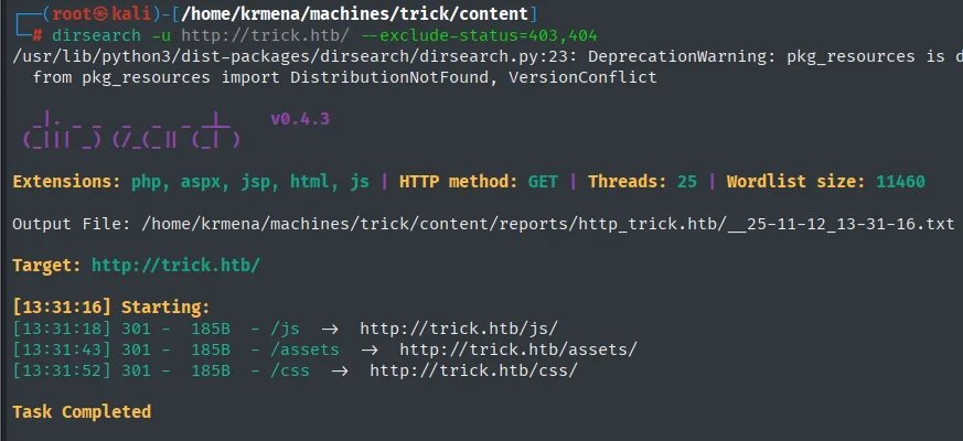dirsearch sobre trick.htb devolviendo solo tres redirecciones 301 a /js, /assets y /css