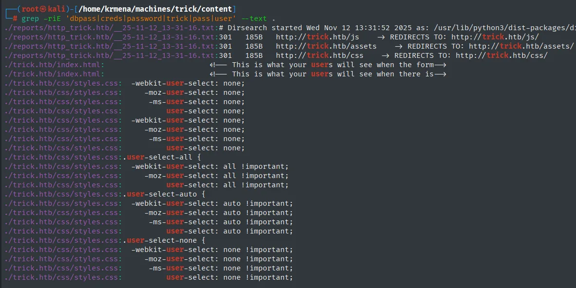 El grep recursivo devolviendo únicamente coincidencias de CSS (user-select) y comentarios de plantilla, sin ninguna credencial