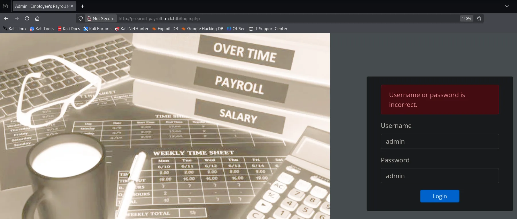 El panel de login de preprod-payroll.trick.htb con admin:admin y el mensaje rojo "Username or password is incorrect."
