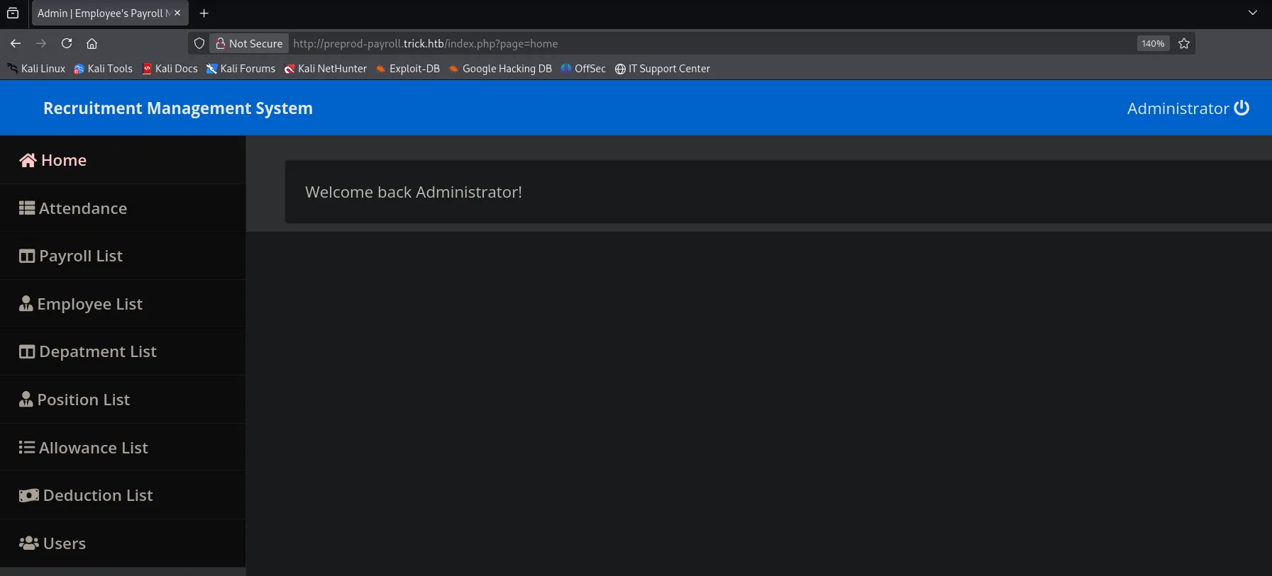 dashboard del Recruitment Management System como Administrator tras el SQLi