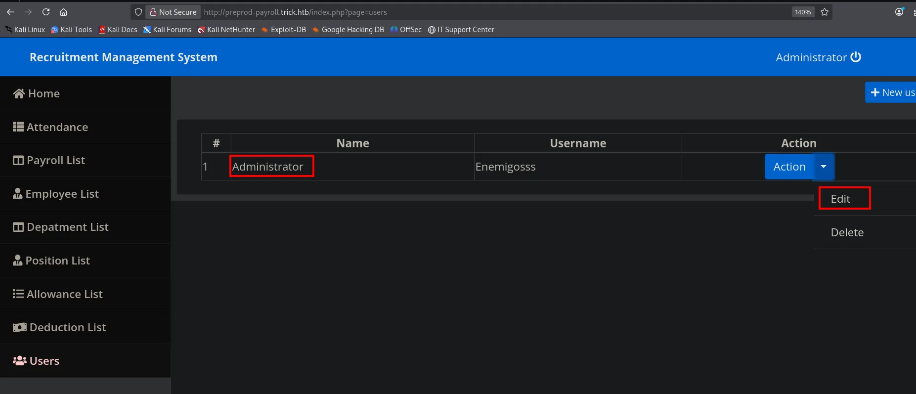 La pestaña Users del panel mostrando la fila Administrator / Enemigosss con el menú Action desplegado sobre la opción Edit