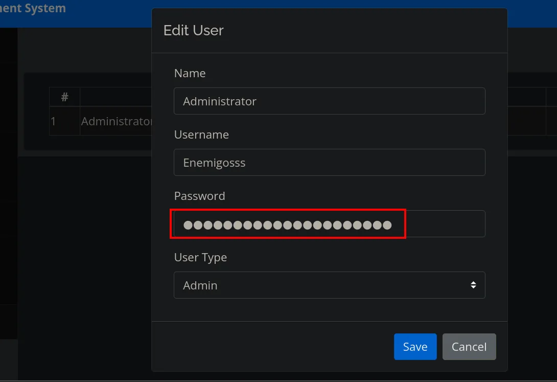 El modal "Edit User" con Name Administrator, Username Enemigosss y el campo Password relleno pero oculto tras puntos