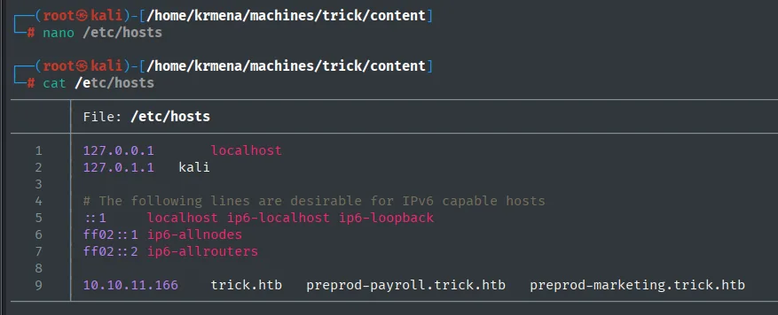 /etc/hosts con los tres nombres: trick.htb, preprod-payroll.trick.htb y preprod-marketing.trick.htb
