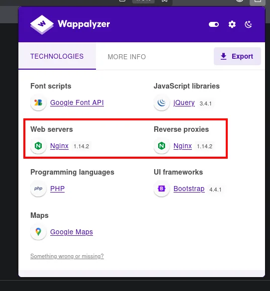 Wappalyzer sobre preprod-marketing detectando Nginx 1.14.2 como servidor y proxy inverso, PHP como lenguaje, Bootstrap 4.4.1 y jQuery 3.4.1