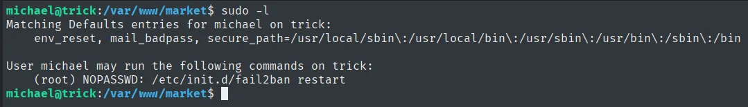 sudo -l: michael puede ejecutar /etc/init.d/fail2ban restart como root