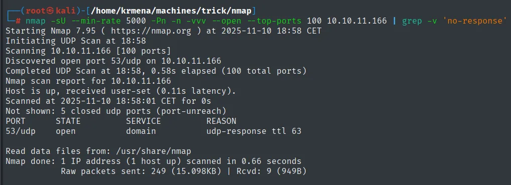 nmap -sU descubriendo únicamente 53/udp domain con udp-response ttl 63