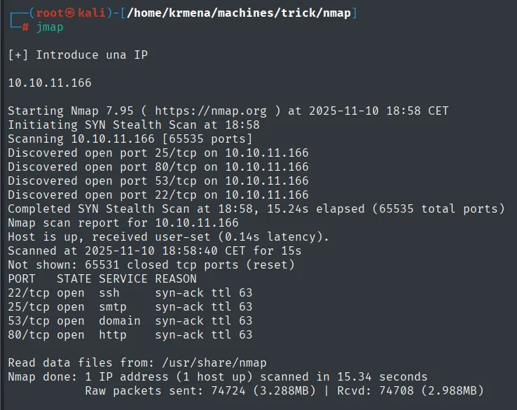 nmap -p- descubriendo los puertos 22, 25, 53 y 80 abiertos, todos con syn-ack ttl 63 y 65531 cerrados