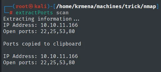 extractPorts devolviendo IP Address 10.10.11.166 y Open ports 22,25,53,80
