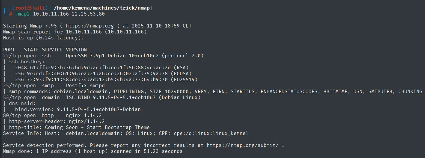 nmap -sCV: SSH, Postfix con VRFY, BIND 9.11 y nginx 1.14.2