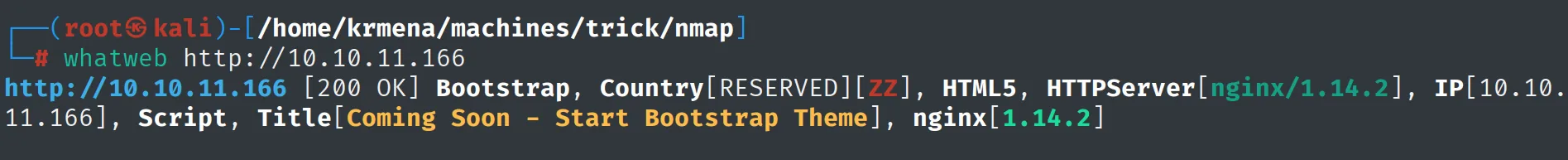 whatweb devolviendo 200 OK, Bootstrap, HTTPServer nginx/1.14.2 y el título "Coming Soon - Start Bootstrap Theme"