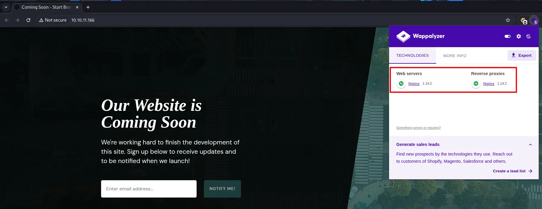 La portada "Our Website is Coming Soon" con un formulario de suscripción; Wappalyzer detecta Nginx 1.14.2 como servidor web y como proxy inverso