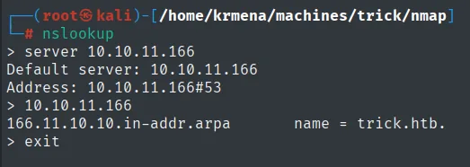 nslookup en modo interactivo, fijando el servidor a 10.10.11.166 y resolviendo 166.11.10.10.in-addr.arpa al nombre trick.htb