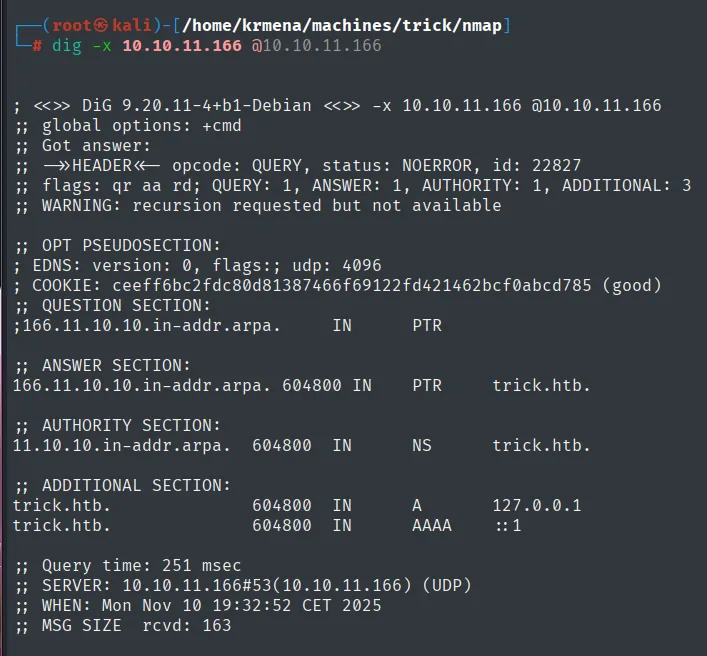 dig -x devolviendo el PTR trick.htb, el NS trick.htb y, en la sección adicional, A 127.0.0.1 y AAAA ::1