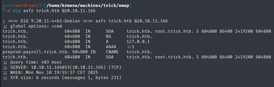 dig axfr revela el subdominio preprod-payroll.trick.htb
