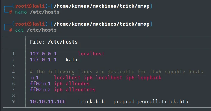 /etc/hosts con trick.htb y preprod-payroll.trick.htb apuntando a la misma IP
