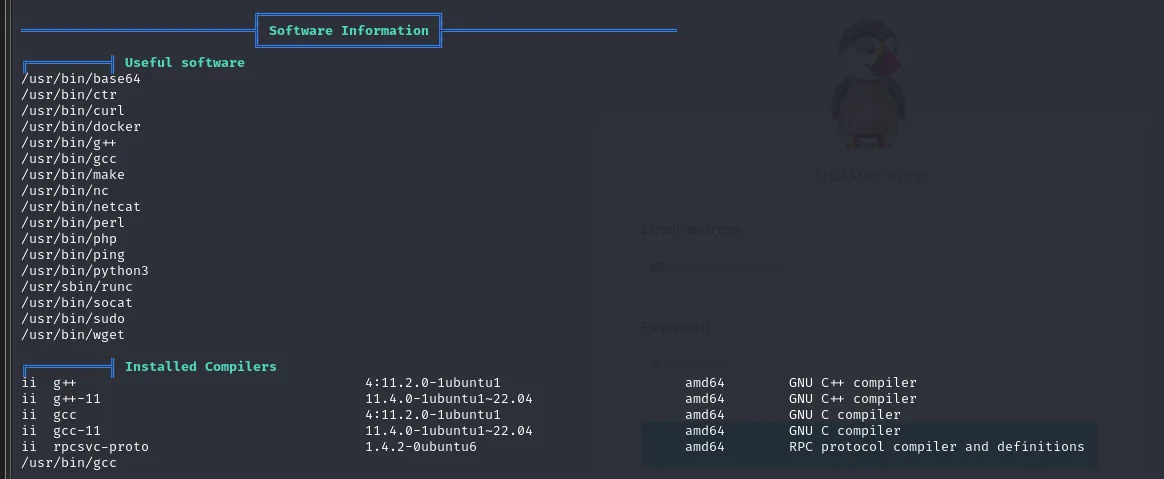 la sección Software Information de linpeas lista /usr/bin/docker, /usr/sbin/runc, socat, nc y los compiladores gcc y g++ instalados