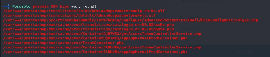 linpeas anuncia Possible private SSH keys were found y lista ficheros de traducción y caché de PrestaShop