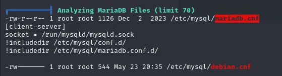 linpeas señala /etc/mysql/mariadb.cnf y /etc/mysql/debian.cnf en la sección Analyzing MariaDB Files