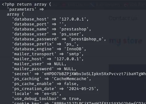 parameters.php con database_user ps_user y database_password prest@shop_o resaltados, junto al resto de la configuración de PrestaShop