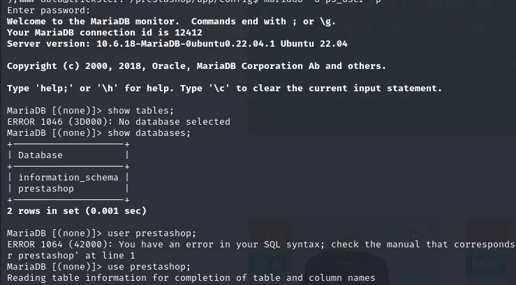 la sesión de MariaDB 10.6.18 tras autenticarse: show tables falla con No database selected y show databases lista information_schema y prestashop