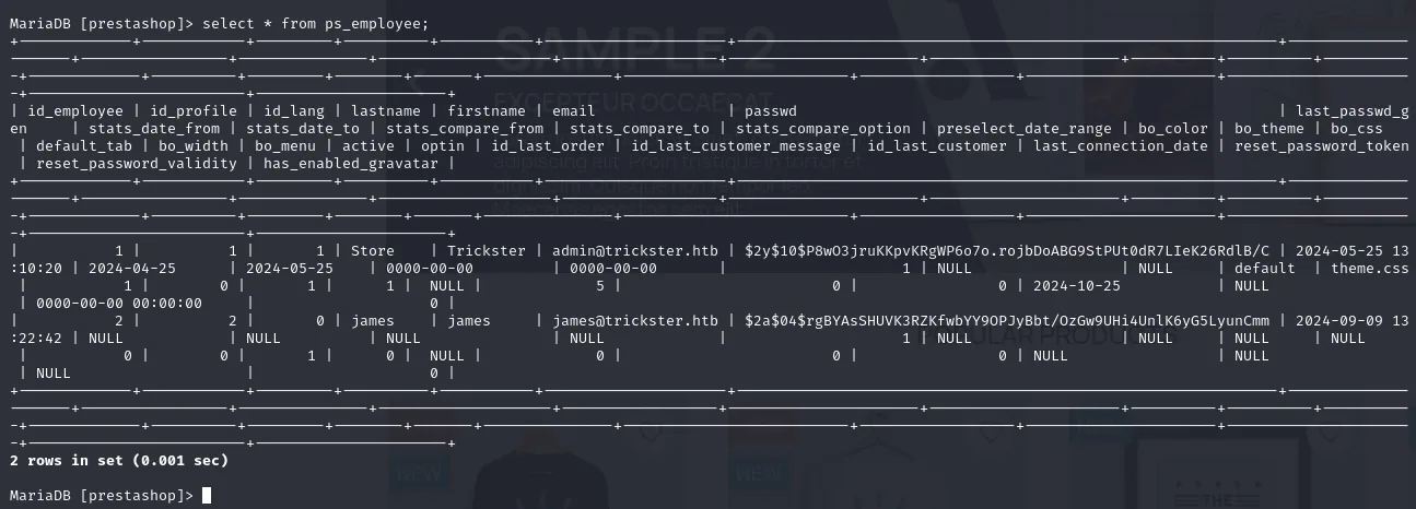 La tabla ps_employee con los hashes bcrypt de admin@trickster.htb y james@trickster.htb