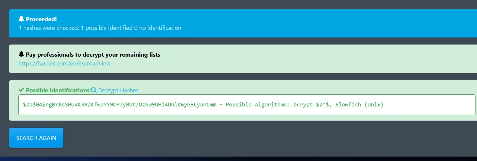 un identificador de hashes en línea analiza el hash de james y devuelve como posibles algoritmos bcrypt $2*$ y Blowfish (Unix)