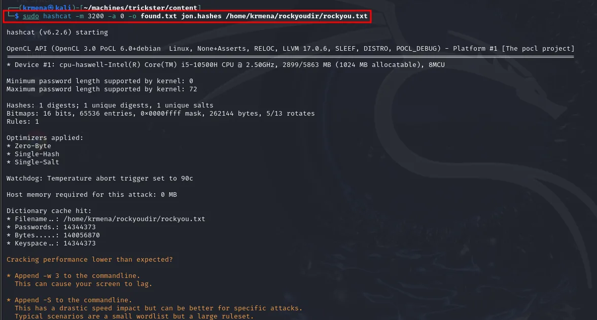 hashcat 6.2.6 arranca en modo 3200 sobre la CPU, con rockyou.txt cargado y 14.344.373 contraseñas en cola