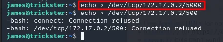 el redirect al 5000 no devuelve nada, mientras que el 500 responde Connection refused