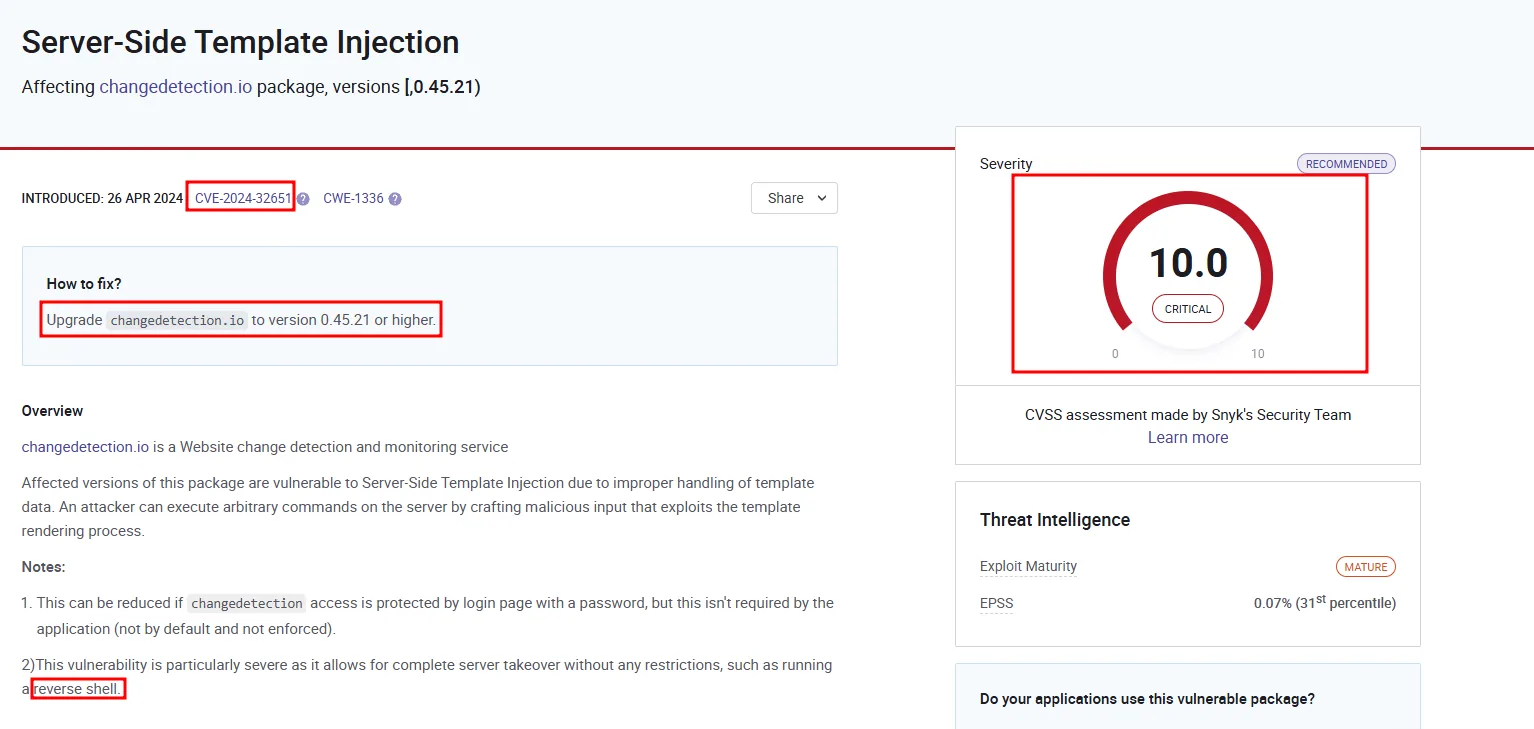 la ficha de CVE-2024-32651 clasifica el SSTI de changedetection.io como CVSS 10.0 crítico, afectando a versiones anteriores a la 0.45.21