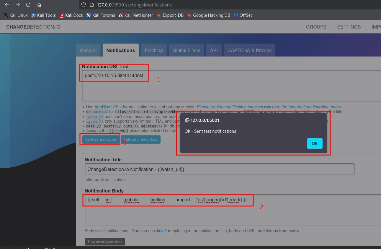la pestaña Notifications con la URL post://10.10.15.39/4444/test, el cuerpo con el payload que ejecuta id y el diálogo OK - Sent test notifications