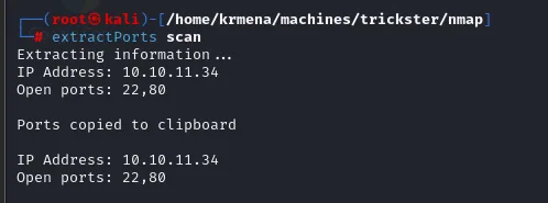 extractPorts lee el fichero scan y devuelve IP Address 10.10.11.34 y Open ports 22,80, copiados al portapapeles