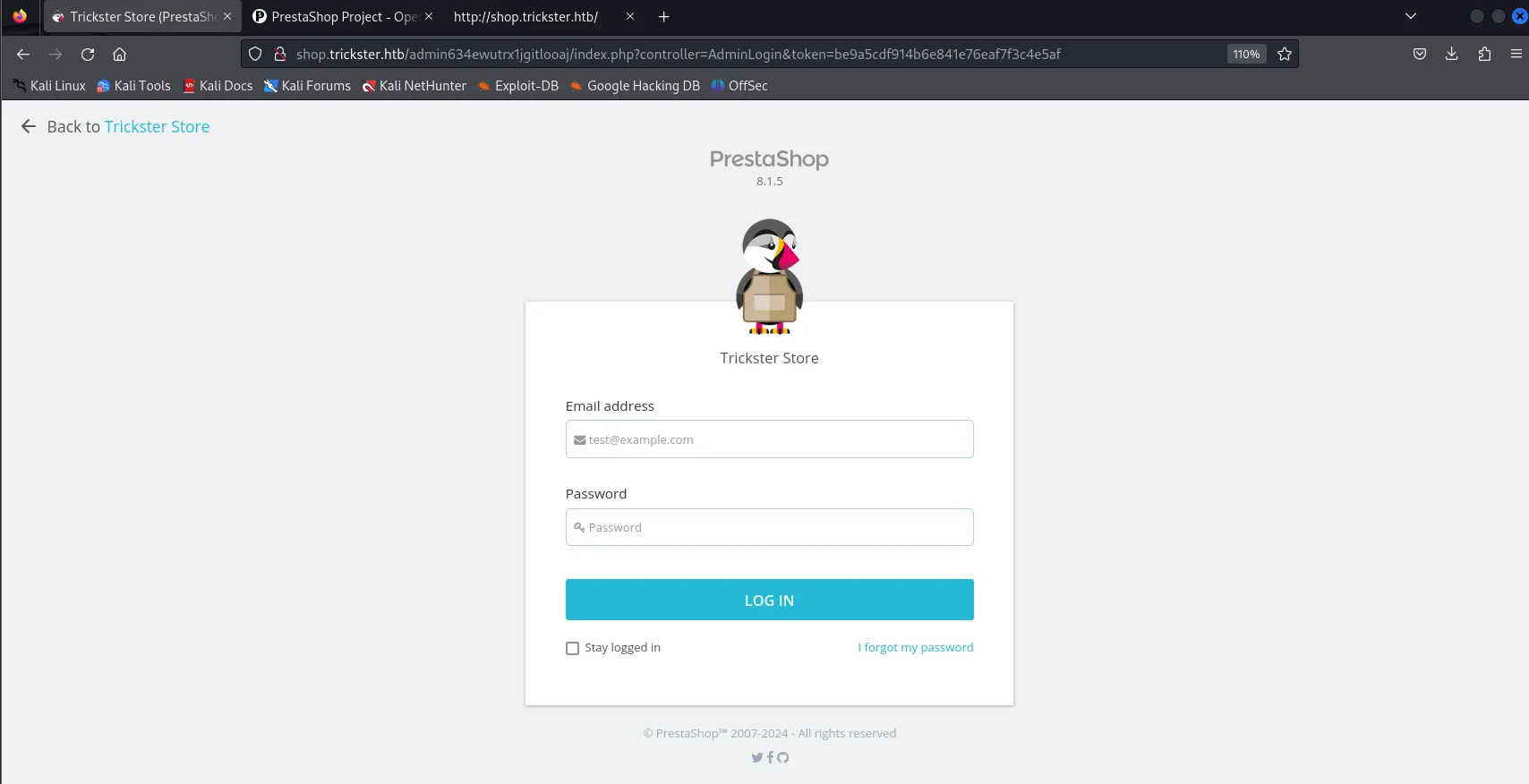 el panel de administración de PrestaShop en la ruta admin634ewutrx1jgitlooaj, con la versión 8.1.5 bajo el logo y el formulario de acceso Trickster Store