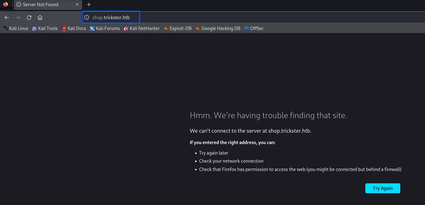 el navegador falla con Server Not Found al intentar abrir shop.trickster.htb